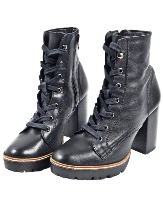 Chelsea & Violet Shoes - Chelsea & Violet Lexie Black Leather Lace-Up Block Heel Lug Sole Ankle Boot